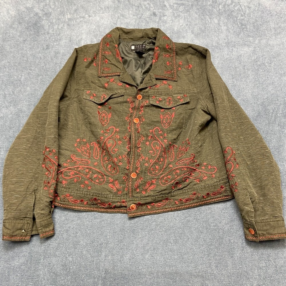 Carole Little Shacket Womens Large Petite Olive Green Embroidered Button Front